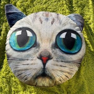 Plush Grey Cat Pillow With Big Green Eyes 17 Inch